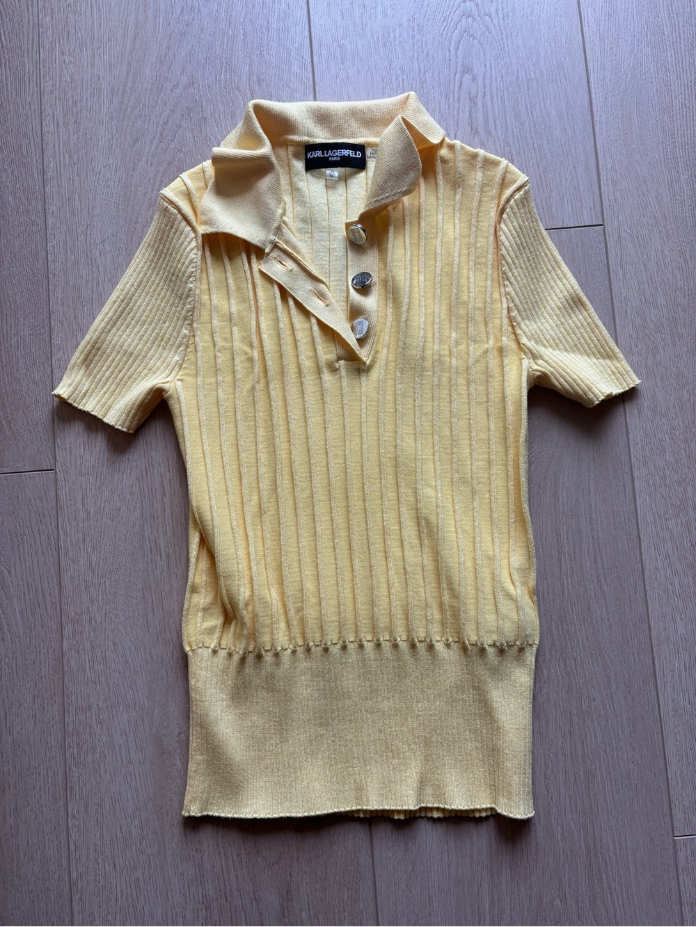 Karl Lagerfeld Yellow Ribbed Short Sleeve Polo Top